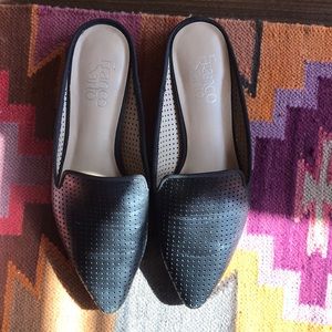 Black faux-leather slides!